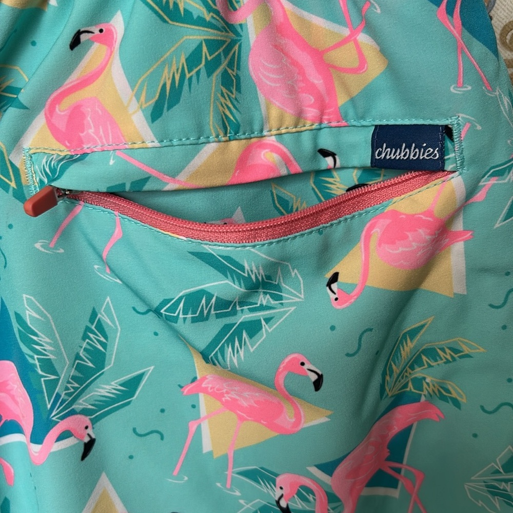 Chubbies Men’s Flamingo Swim Trunks w/Elastic Band Blue/Pink Mesh Liner 2X